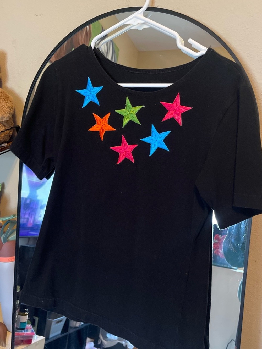 Black Short-Sleeve Star Appliqué Tee - Bright Multicolor Stars